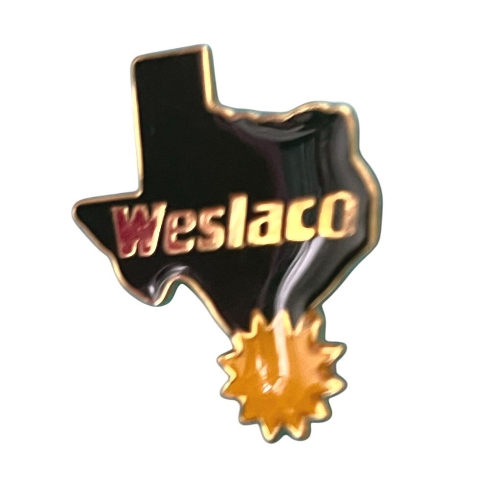 Weslaco Texas Lapel Pin With Sun Emblem Gold & Black Metal Enamel Collectible So